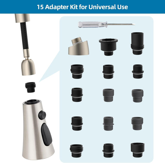 Universal Kitchen Faucet Head, 3 Modes, 15 Adapters Kit, Brushed Nickel