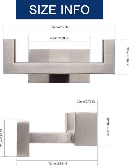 NearMoon Bath Double Towel Hook- SUS304 Stainless Steel Square Robe Towel Holder, Heavy Duty Rustproof Double Coat Hook for Bathroom Livingroom Kitchen Wall Mounted, 2 Pack (Brushed Nickel)