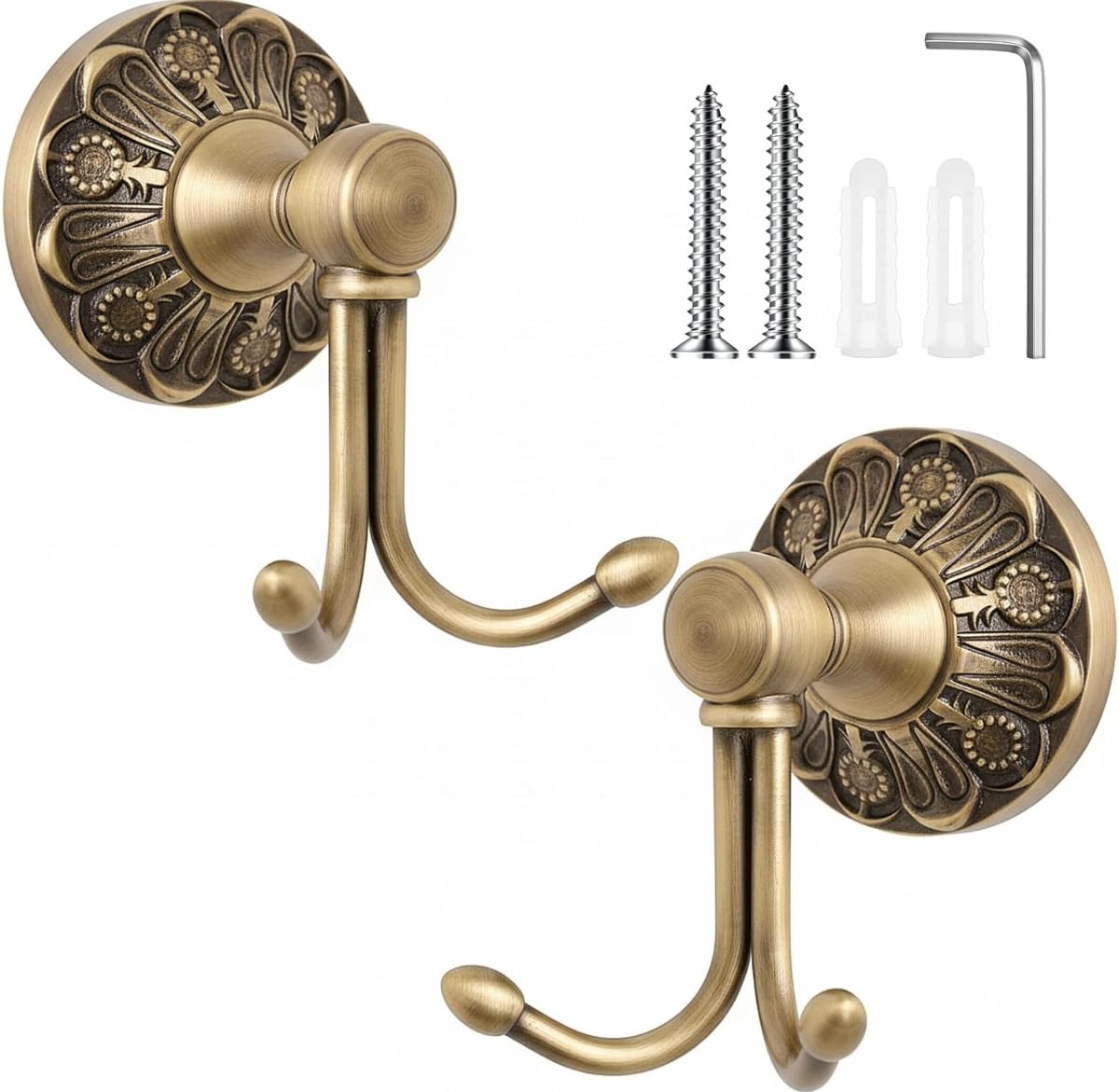 2 Pcs Pack Antique Brass Towel Hook Vintage Coat Hook with 2 Hooks Wall Mounted Robe Hooks for Bathrooms and Kitchen Bronze Hand Towel Hook Hanger with Brushed Gold Finish