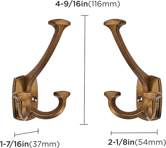 khtumeware 2 Pack Antique Brass Coat Hooks Solid Zinc Heavy Duty Double-Sided Coat Hooks for Hanging Hat Towel Key Robe Scarf Bag Cap
