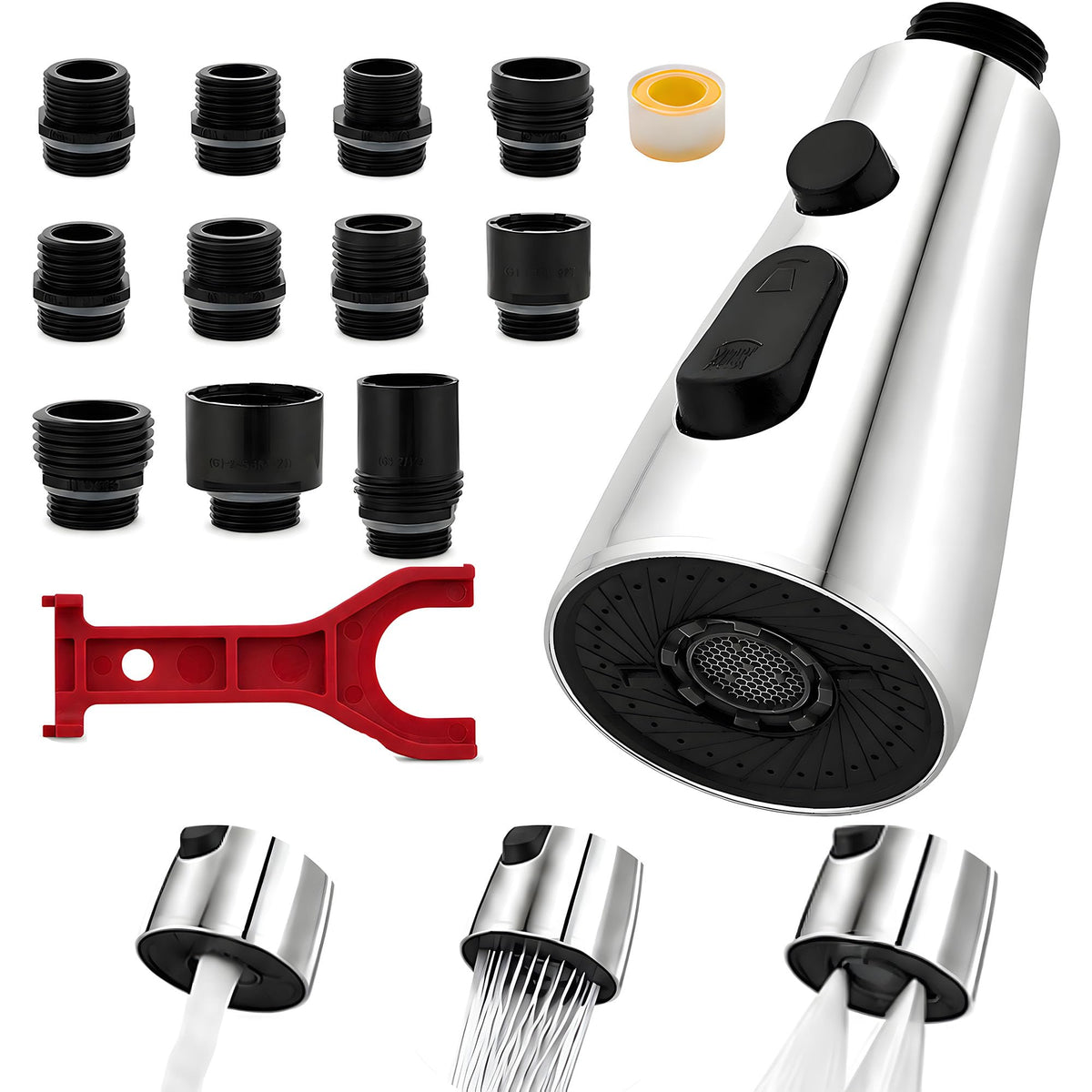 Kitchen Faucet Head Replacement,3 Modes Faucet Spray Head With 11 Adapters, Pull-Down Sprayer Sink Nozzle Compatible With Moen, American Standard, Delta, Kohler Faucets, Brushed Nickel,Rust Proof