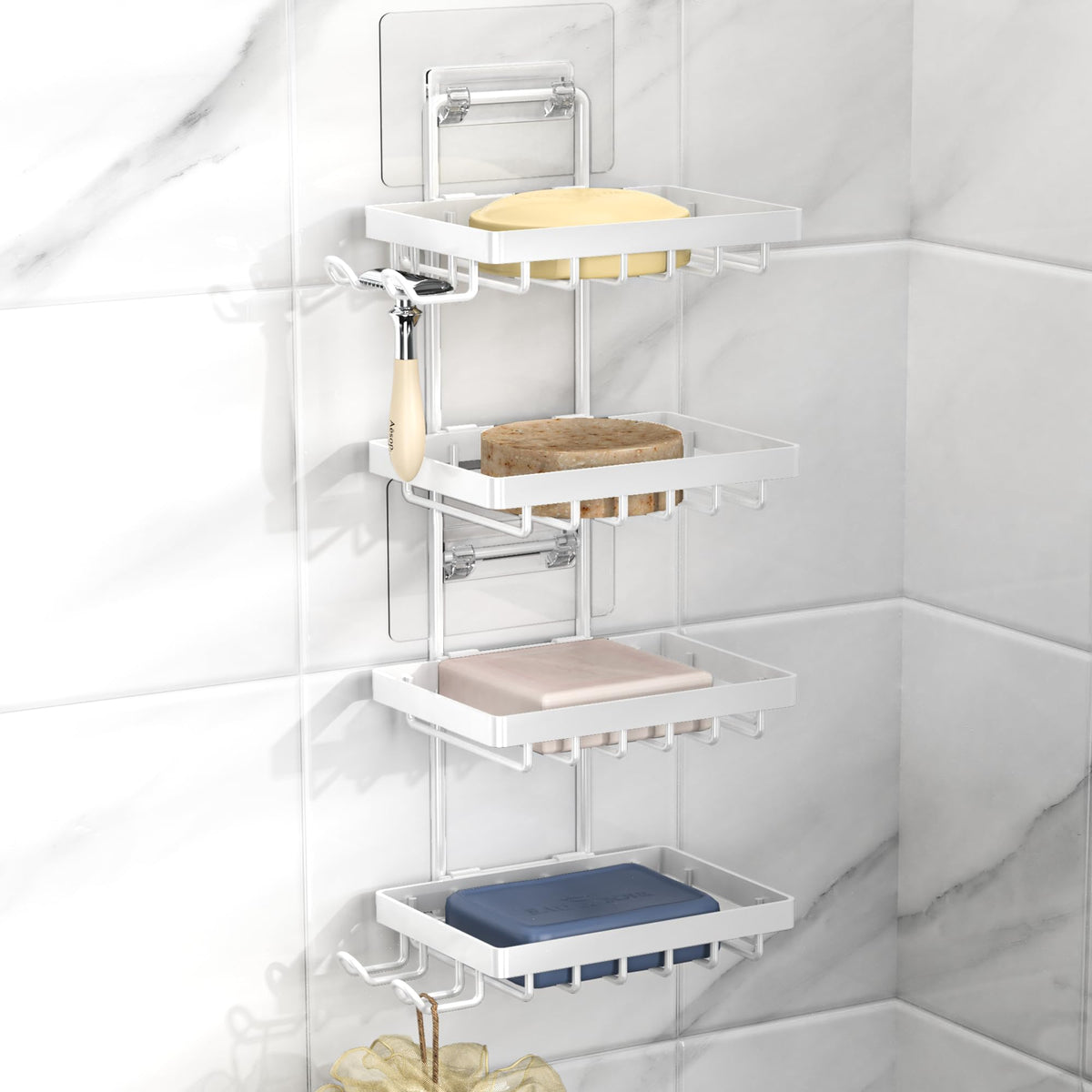 Moforoco Double Soap Bar Holder for Shower, No Drilling, 304 Stainless Steel, Wall Mounted Soap Holder with 4 Hooks and Razor Holder, Shower Rack Soap Tray Bar Soap for Bathroom Accessories Organizer