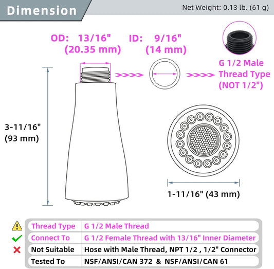 Angle Simple Kitchen Faucet Head Replacement G 1/2, 3 Modes, Brushed Nickel
