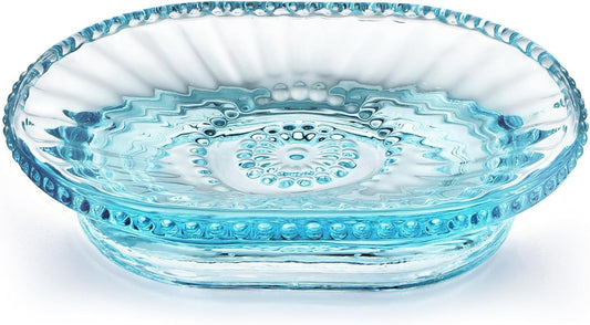 Glass Soap Dish, Vintage Embossed Bar Soap Holder, Decorative Soap Saver Tray for Shower, Bathtub, Bathroom and Kitchen Sink