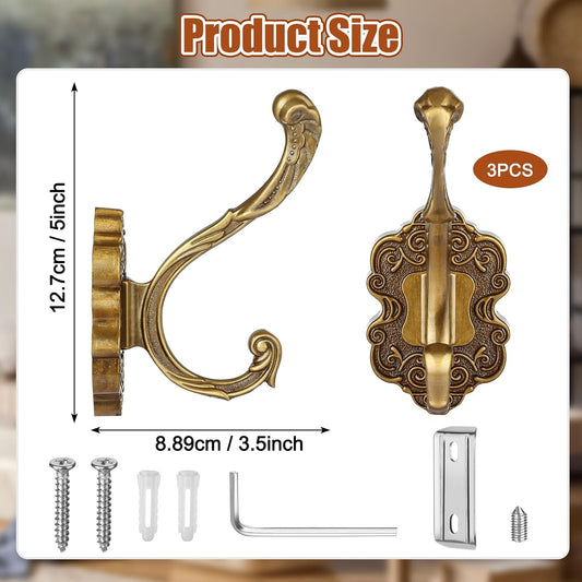Draupnir 3PCS Coat Hooks Wall Mount, Vintage Decorative Wall Hooks Antique Brass, Rust Resistant Wall Hooks for Hanging Coat,Towel,Key,Cloth,Hat