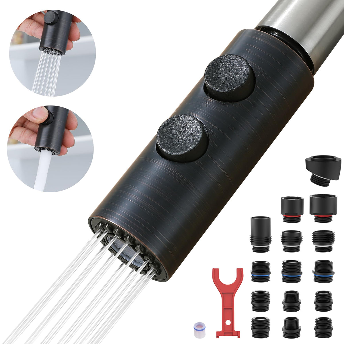 TIORIY Metal Kitchen Faucet Head Replacement, Pull Down Spray Head with 15 Adapters, 2 Function Kitchen Sink Spray Nozzle, Stainless Steel, Brushed Nickel