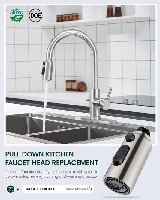 Kitchen Faucet Spray Head Replacement, Pull Down Faucet Head Replacement with 15 Adapters, 3 Function Spray Nozzle for Kitchen Faucet, Replacement Pull Out Faucet Head, Brushed Nickel