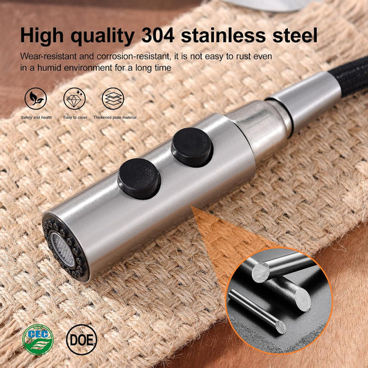 TIORIY Metal Kitchen Faucet Head Replacement, Pull Down Spray Head with 15 Adapters, 2 Function Kitchen Sink Spray Nozzle, Stainless Steel, Brushed Nickel