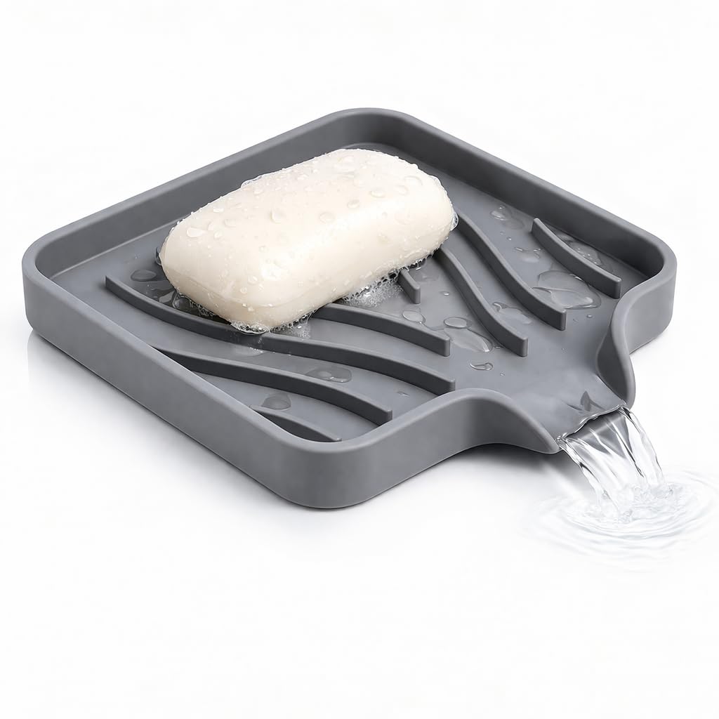 Self Draining Soap Dish with Drain Spout - Bar Soap Holder for Bathroom & Kitchen Sink - Flexible Non-Slip Silicone Soap Holder for Bar Soap, Sponge & Scrubber - 1 Pack