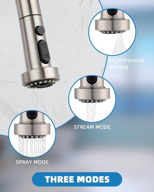 Hibbent NSF/ANSI/CAN 61 & CUPC Certified Pull Down Kitchen Faucet Head Replacement, 3 Function Sink Faucet Sprayer Nozzle with 15 Adapters, Compatible with Moen, Delta, Kohler Faucets, Brushed Nickel