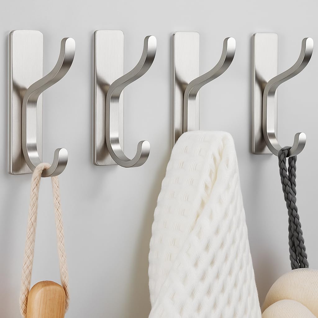 Adhesive Wall Hooks for Towel/Coat,13Lb Strong Stick-On Hooks, White 4 Pack