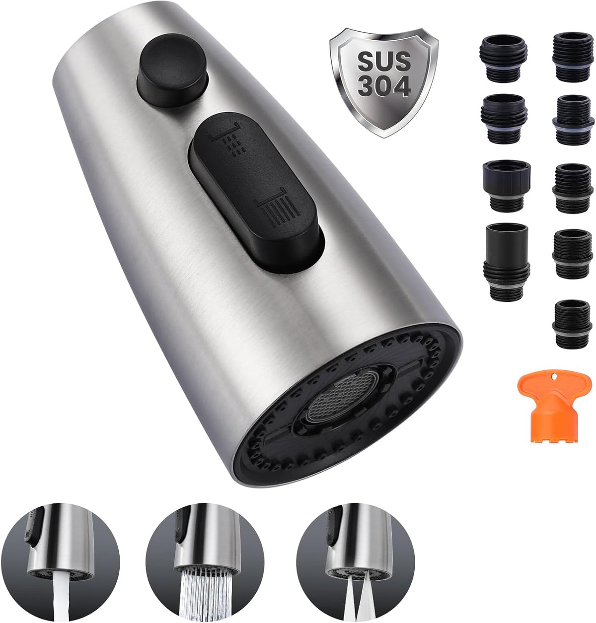 Kitchen Faucet Head Replacement:Stainless Steel Spray Head,3 Modes Pull Out Spray Nozzle with 9 Adapters for Kitchen Sink Faucet,Compatible with Moen Kohler Delta Kitchen Faucets G1/2,Brushed Nickel