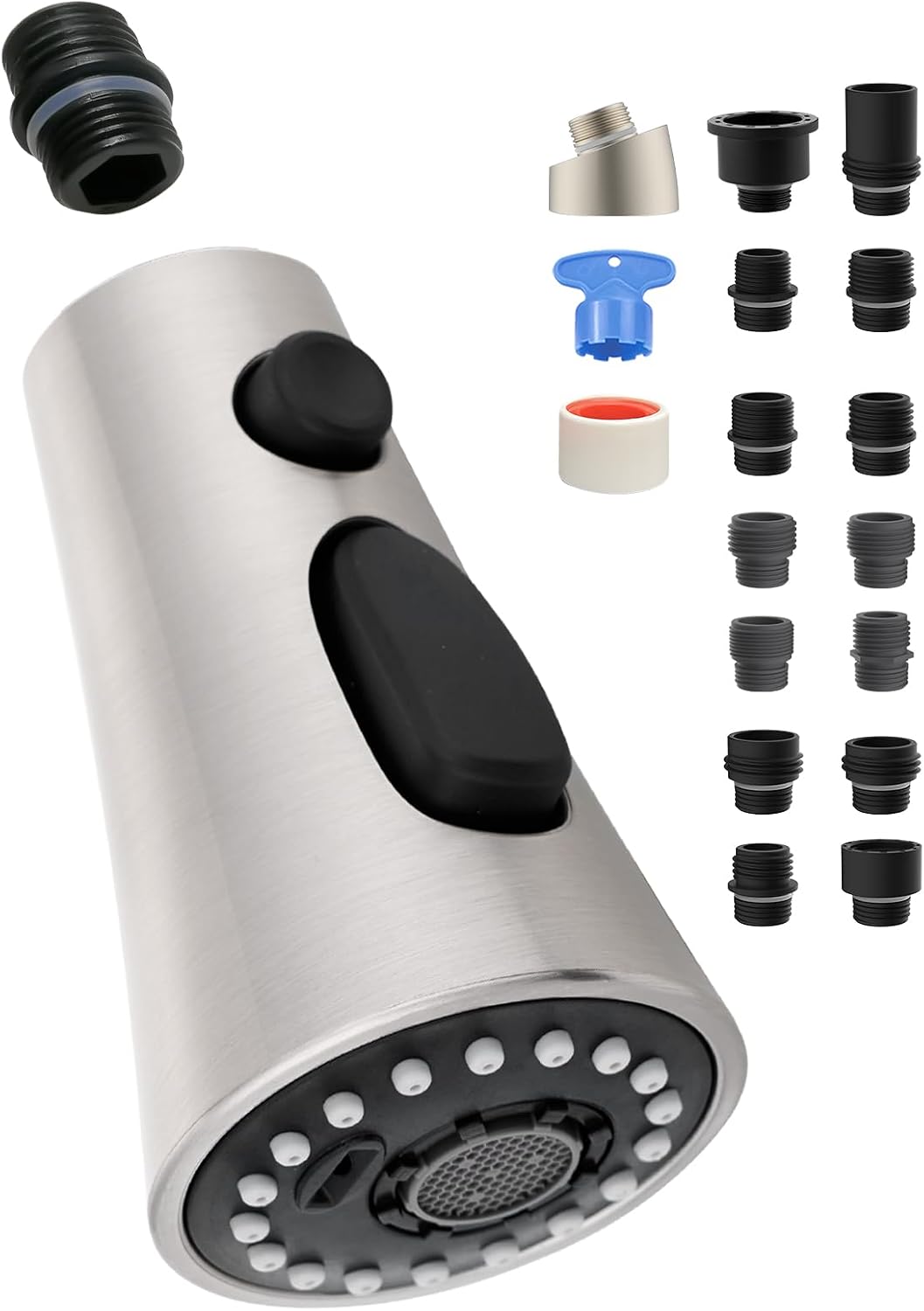 Universal Kitchen Faucet Head, 3 Modes, 15 Adapters Kit, Brushed Nickel