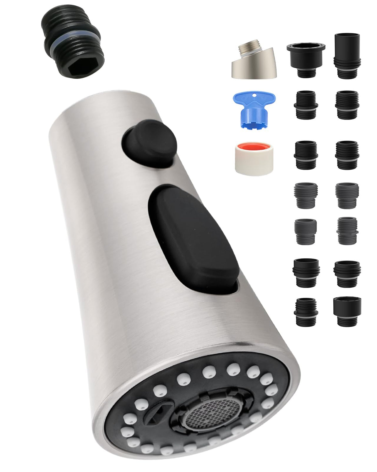 Universal Kitchen Faucet Head, 3 Modes, 15 Adapters Kit, Brushed Nickel