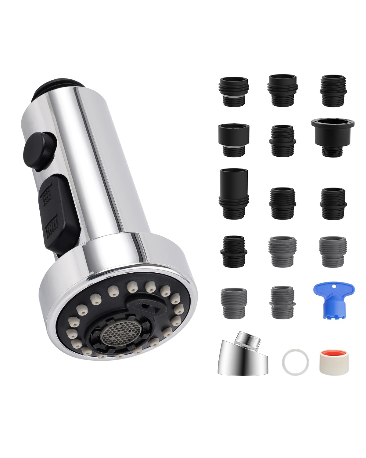 Hibbent NSF/ANSI/CAN 61 & CUPC Certified Pull Down Kitchen Faucet Head Replacement, 3 Function Sink Faucet Sprayer Nozzle with 15 Adapters, Compatible with Moen, Delta, Kohler Faucets, Brushed Nickel