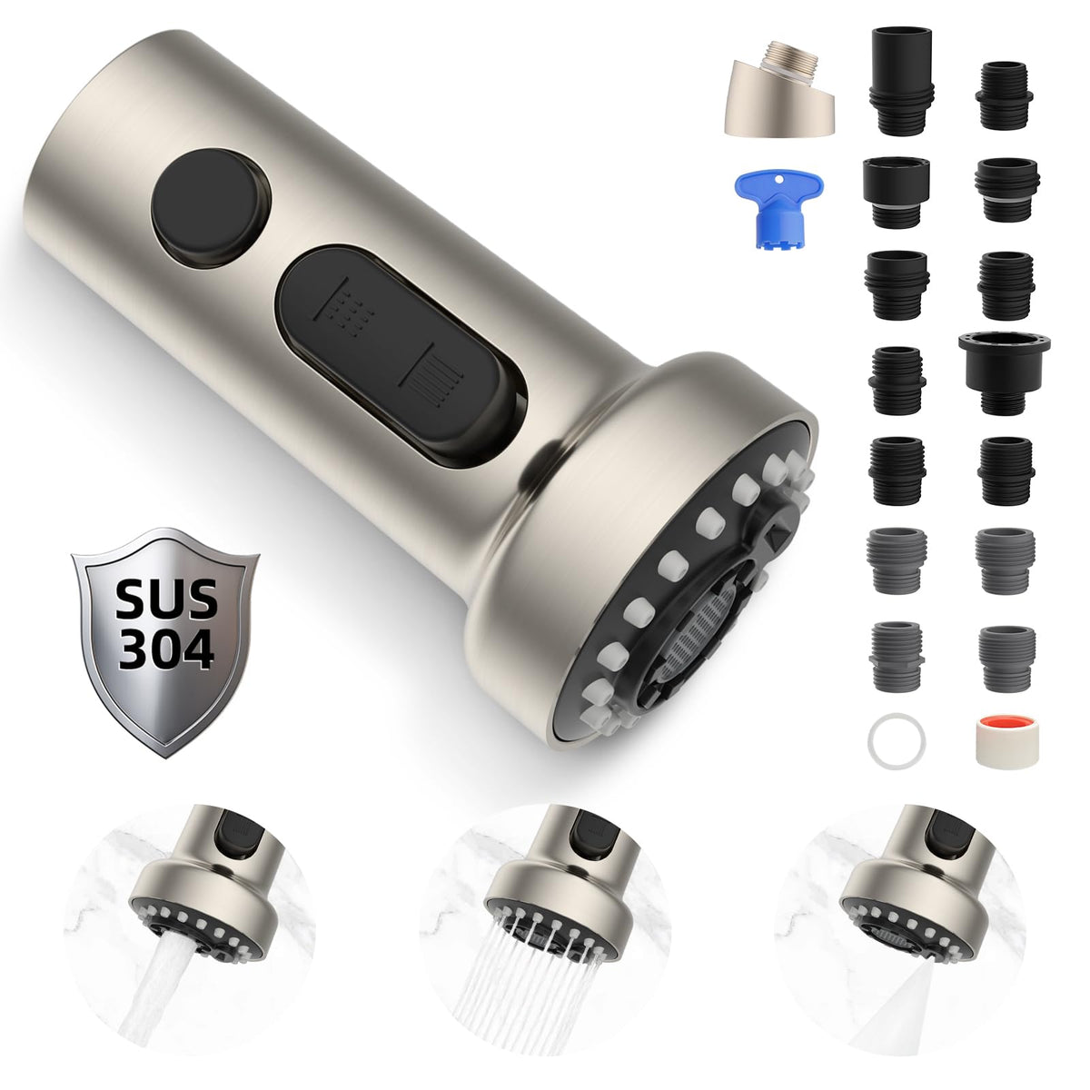 Hibbent NSF/ANSI/CAN 61 & CUPC Certified Pull Down Kitchen Faucet Head Replacement, 3 Function Sink Faucet Sprayer Nozzle with 15 Adapters, Compatible with Moen, Delta, Kohler Faucets, Brushed Nickel