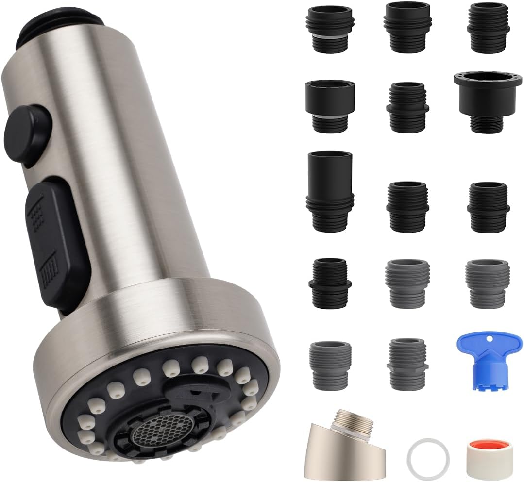 Hibbent NSF/ANSI/CAN 61 & CUPC Certified Pull Down Kitchen Faucet Head Replacement, 3 Function Sink Faucet Sprayer Nozzle with 15 Adapters, Compatible with Moen, Delta, Kohler Faucets, Brushed Nickel