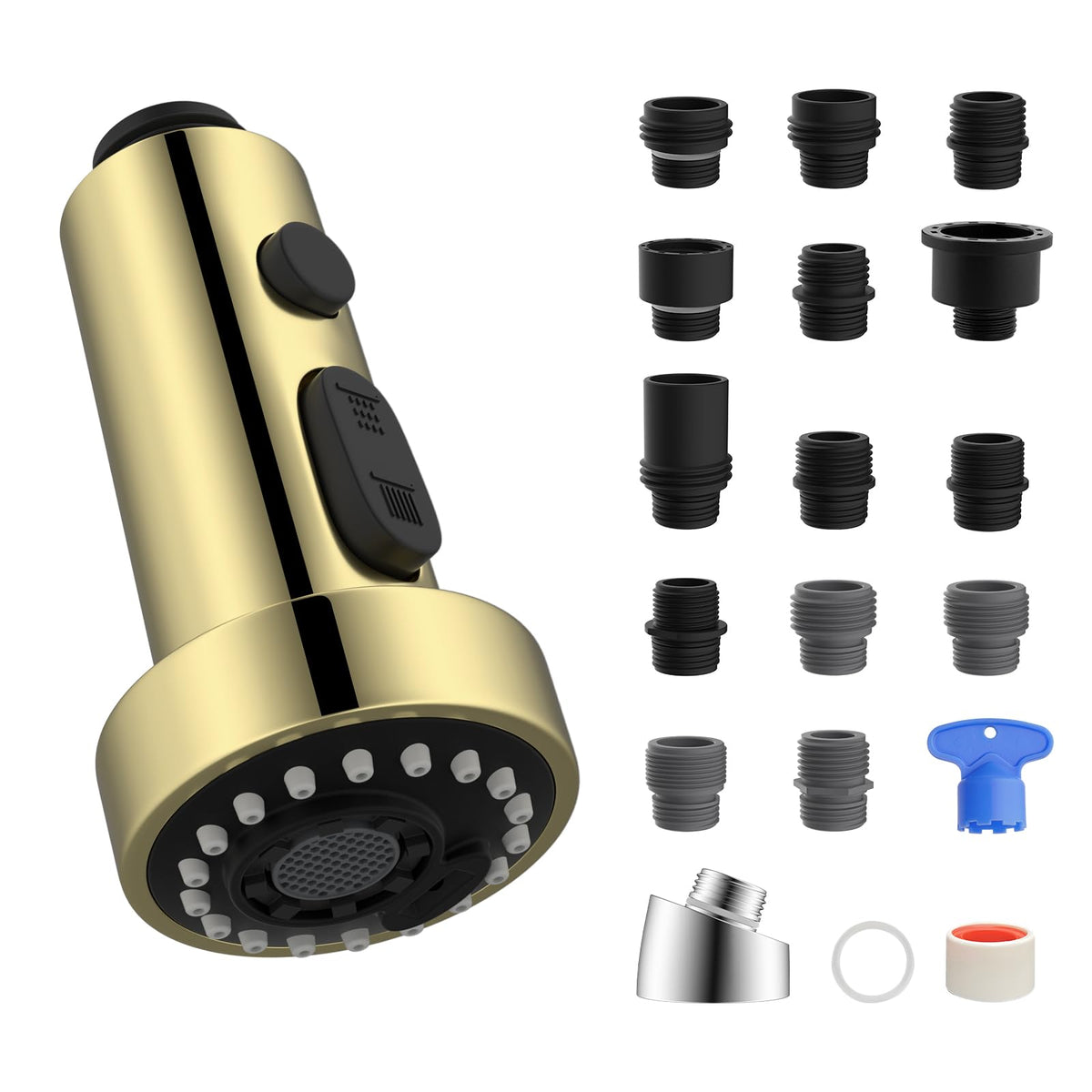 Hibbent NSF/ANSI/CAN 61 & CUPC Certified Pull Down Kitchen Faucet Head Replacement, 3 Function Sink Faucet Sprayer Nozzle with 15 Adapters, Compatible with Moen, Delta, Kohler Faucets, Brushed Nickel