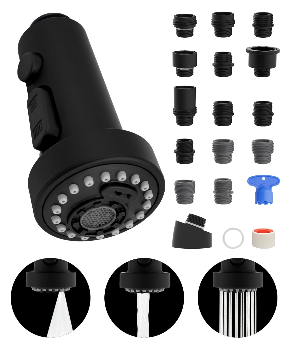 Hibbent NSF/ANSI/CAN 61 & CUPC Certified Pull Down Kitchen Faucet Head Replacement, 3 Function Sink Faucet Sprayer Nozzle with 15 Adapters, Compatible with Moen, Delta, Kohler Faucets, Brushed Nickel