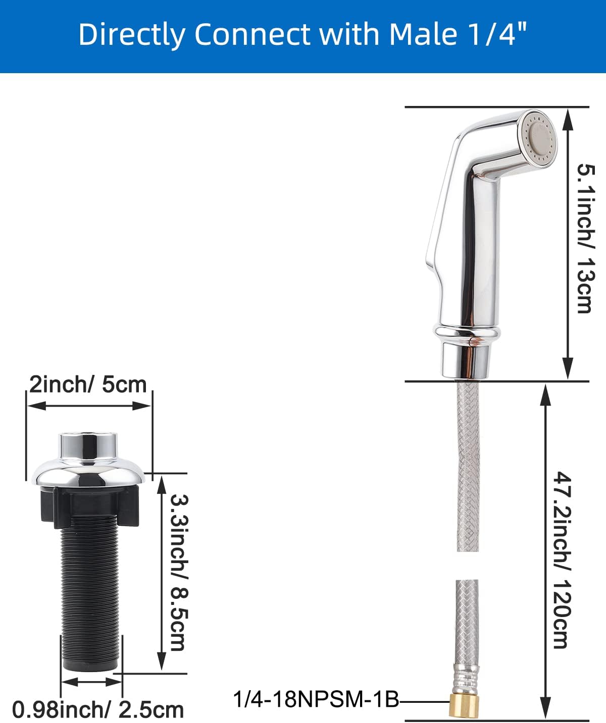 Universal Kitchen Sink Side Sprayer Head/Water Hose/Holder, Silver Chrome