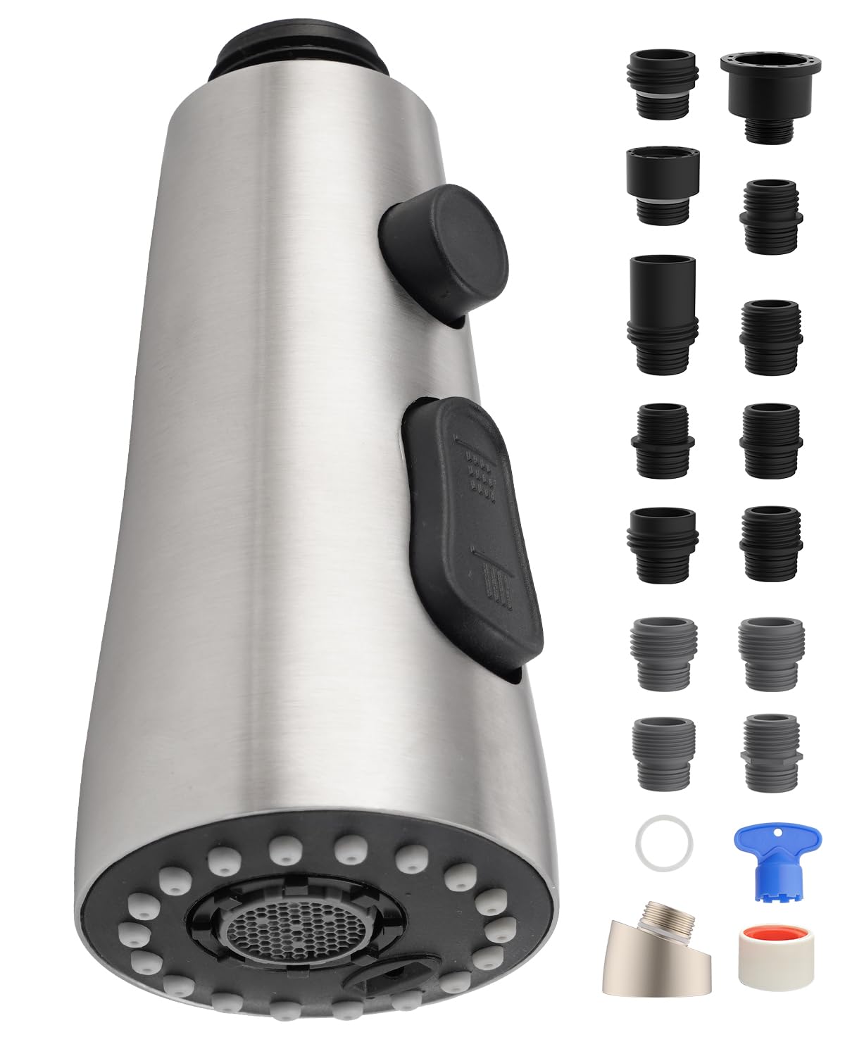 Universal Kitchen Faucet Head, 3 Modes, 15 Adapters Kit, Brushed Nickel
