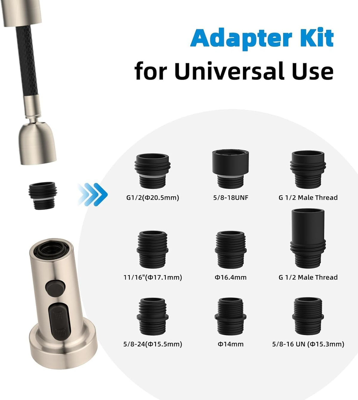 Hibbent NSF/ANSI/CAN 61 & CUPC Certified Pull Down Kitchen Faucet Head Replacement, 3 Function Sink Faucet Sprayer Nozzle with 15 Adapters, Compatible with Moen, Delta, Kohler Faucets, Brushed Nickel