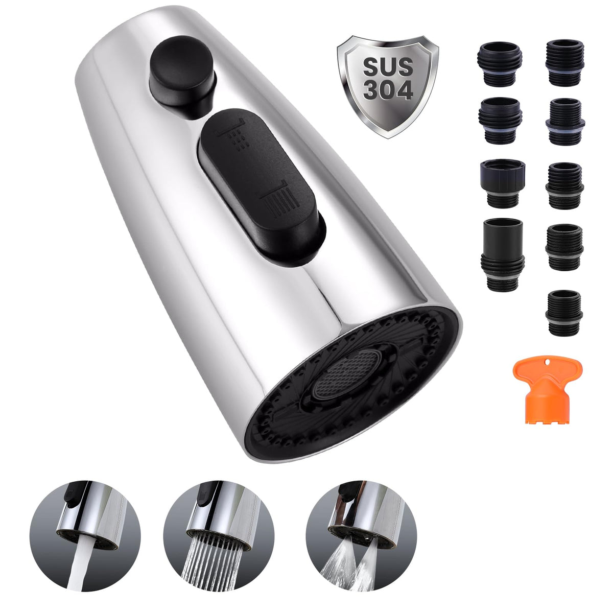Kitchen Faucet Head Replacement:Stainless Steel Spray Head,3 Modes Pull Out Spray Nozzle with 9 Adapters for Kitchen Sink Faucet,Compatible with Moen Kohler Delta Kitchen Faucets G1/2,Brushed Nickel