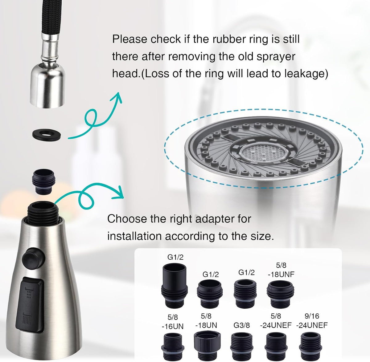Metal Kitchen Faucet Head Replacement, 3-Function Pull Down Spray Head for Kitchen Faucet, High Pressure Sink Spray Nozzle with 9 Adapters Compatible with American Standard, Brushed Nickel