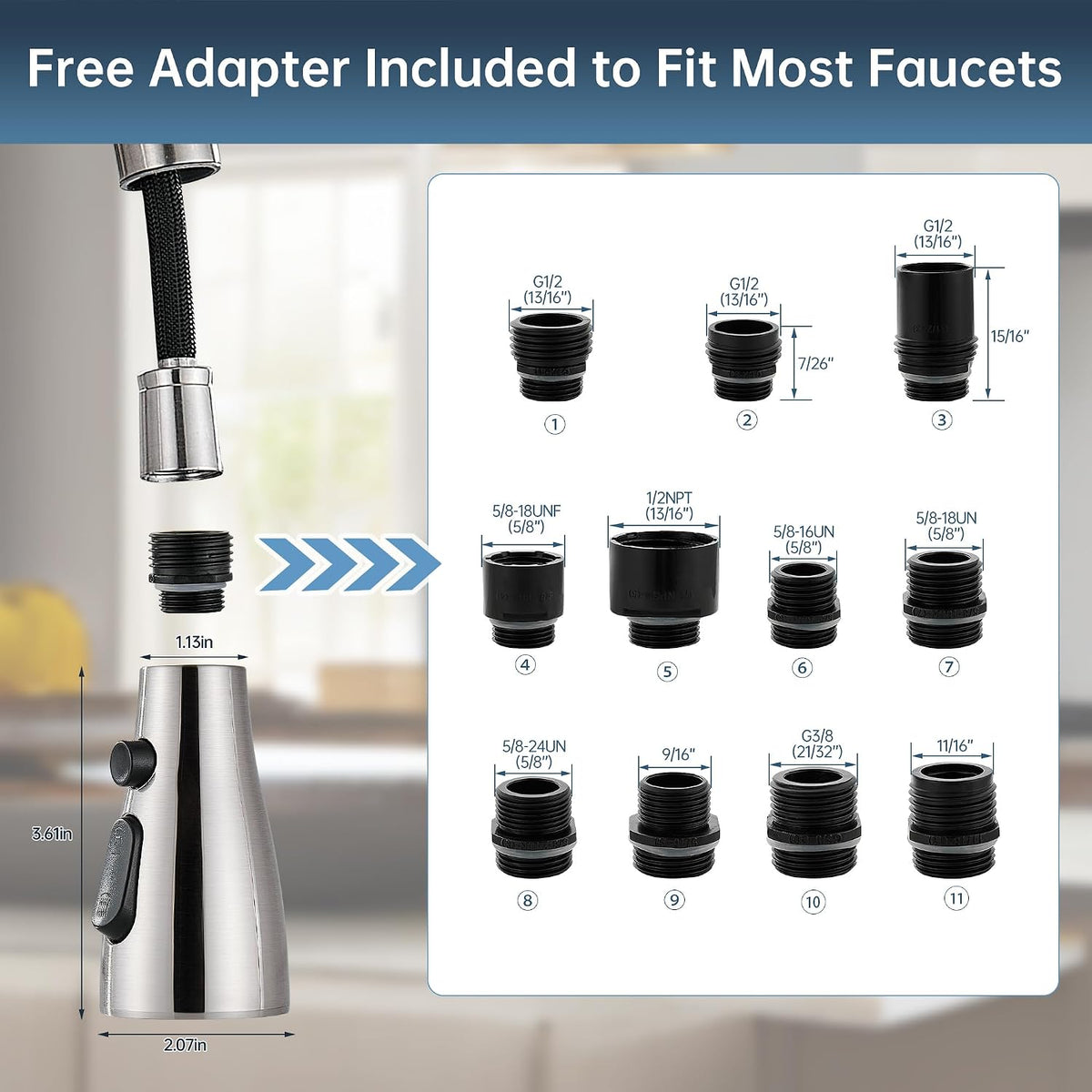 Kitchen Faucet Head Replacement,3 Modes Faucet Spray Head With 11 Adapters, Pull-Down Sprayer Sink Nozzle Compatible With Moen, American Standard, Delta, Kohler Faucets, Brushed Nickel,Rust Proof