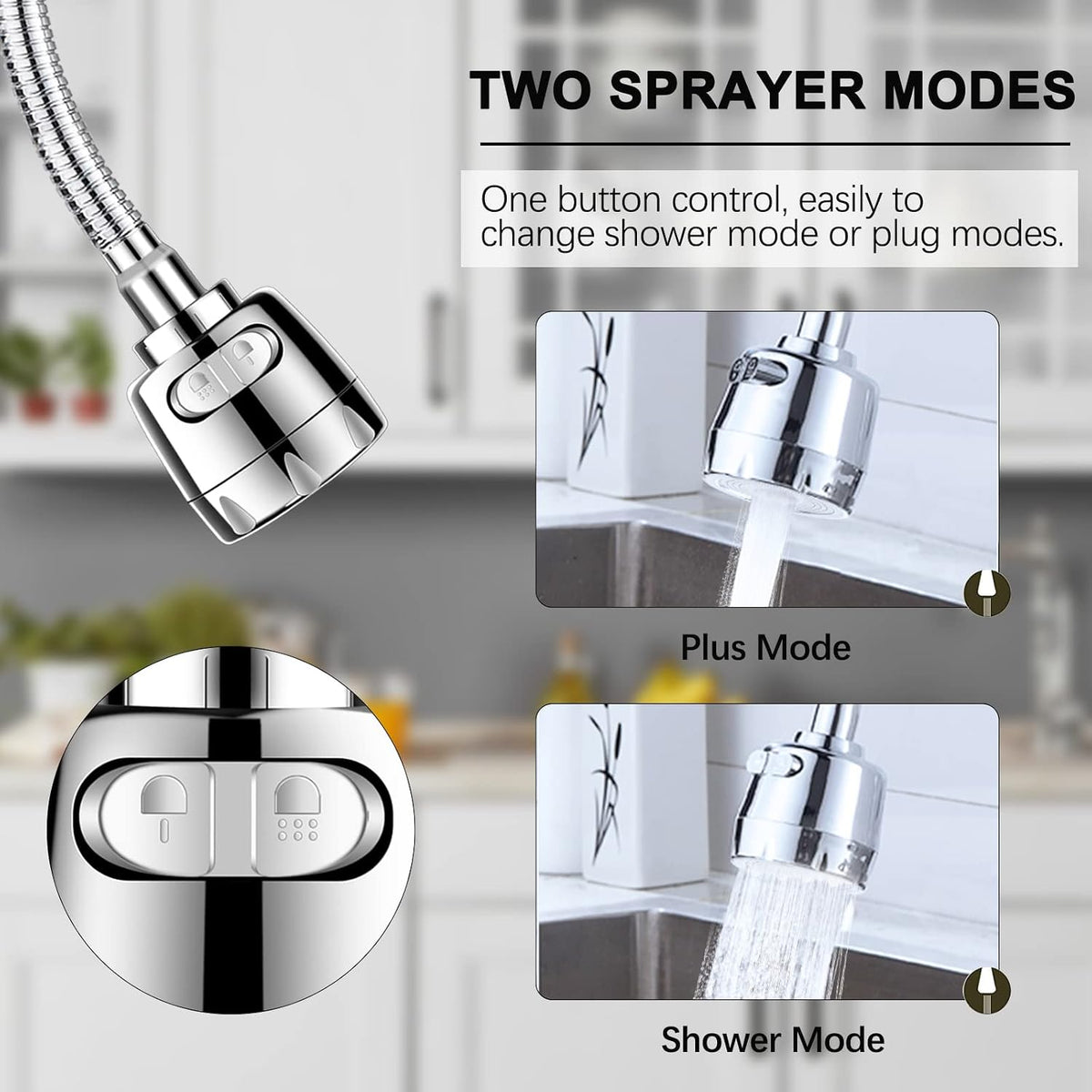 Sink Faucet Attachment, Movable Kithchen Faucet Head 360° Rotatable Faucet Sprayer Head Replacement Water Saving Faucet Extender,Anti -Splash,3 Modes, Chrome Faucet Head for Kitchen and Bathroom
