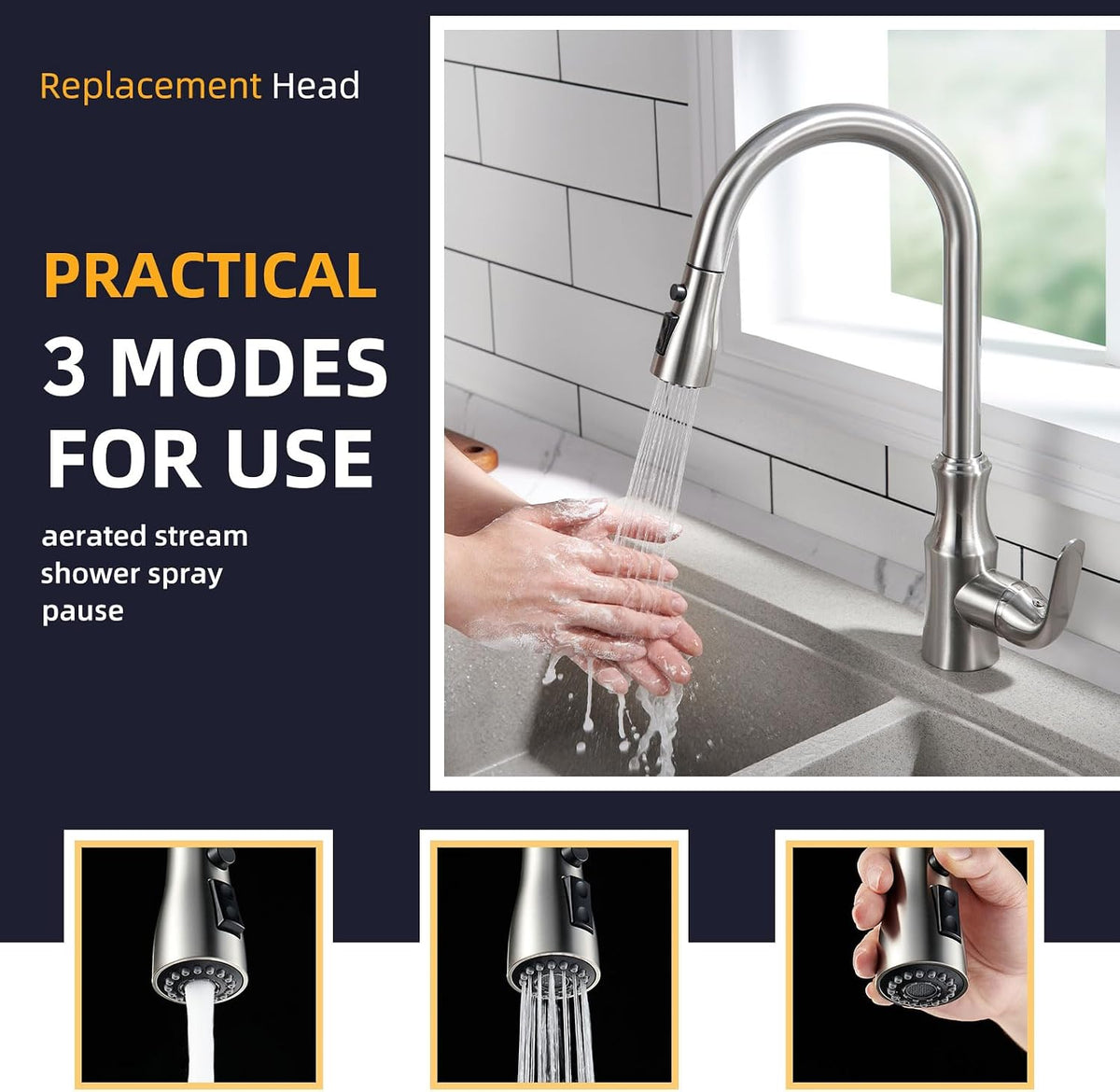 Angle Simple Kitchen Faucet Head Replacement G 1/2, 3 Modes, Brushed Nickel