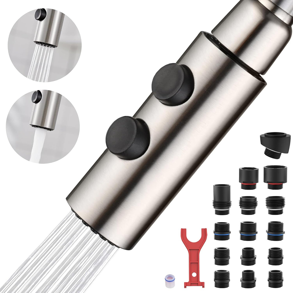 TIORIY Metal Kitchen Faucet Head Replacement, Pull Down Spray Head with 15 Adapters, 2 Function Kitchen Sink Spray Nozzle, Stainless Steel, Brushed Nickel