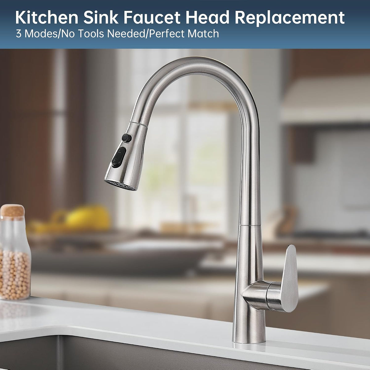 Kitchen Faucet Head Replacement,3 Modes Faucet Spray Head With 11 Adapters, Pull-Down Sprayer Sink Nozzle Compatible With Moen, American Standard, Delta, Kohler Faucets, Brushed Nickel,Rust Proof