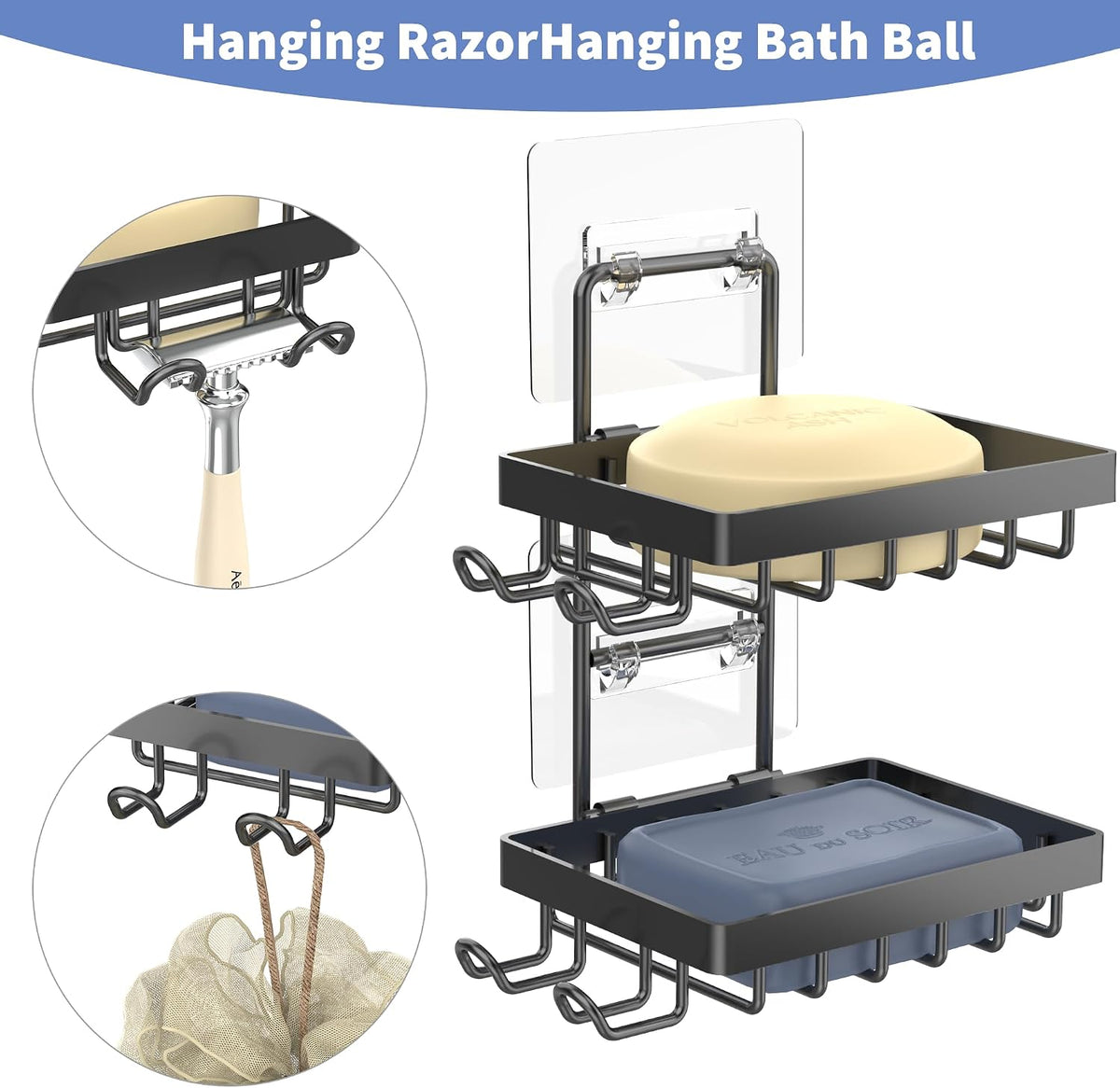Moforoco Double Soap Bar Holder for Shower, No Drilling, 304 Stainless Steel, Wall Mounted Soap Holder with 4 Hooks and Razor Holder, Shower Rack Soap Tray Bar Soap for Bathroom Accessories Organizer