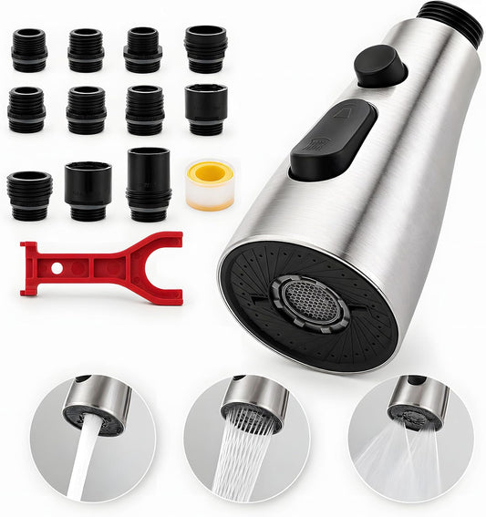 Kitchen Faucet Head Replacement,3 Modes Faucet Spray Head With 11 Adapters, Pull-Down Sprayer Sink Nozzle Compatible With Moen, American Standard, Delta, Kohler Faucets, Brushed Nickel,Rust Proof