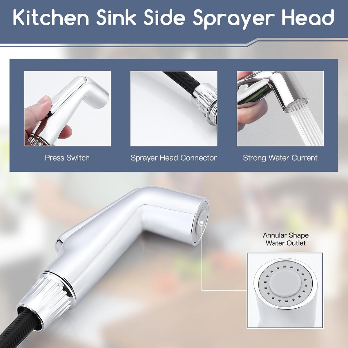 Universal Sink Side Sprayer Head, Chrome, Kitchen Sink Faucet Sprayer Head, ABS Plastic, Polished Chrome Finish