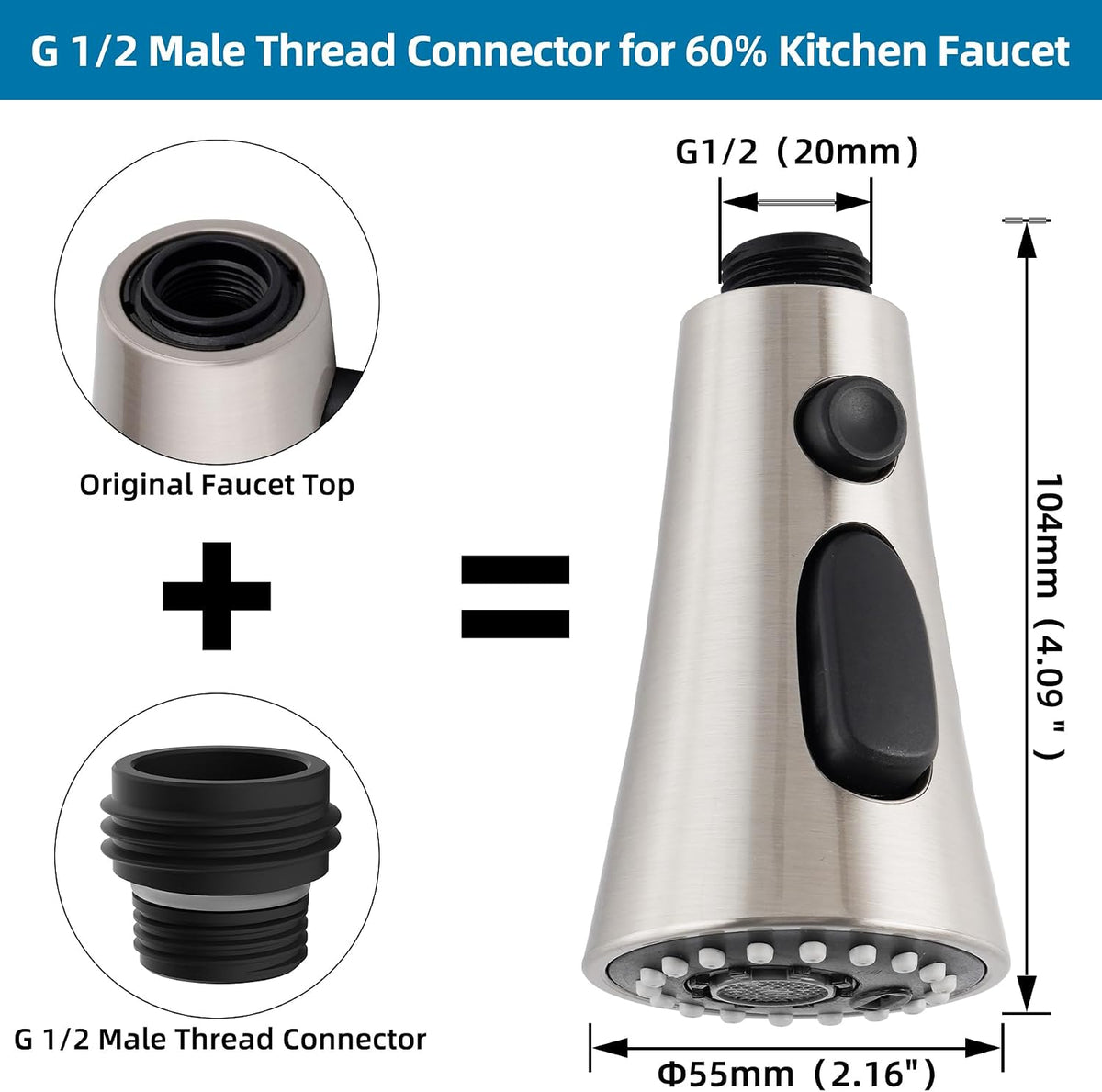 Universal Kitchen Faucet Head, 3 Modes, 15 Adapters Kit, Brushed Nickel