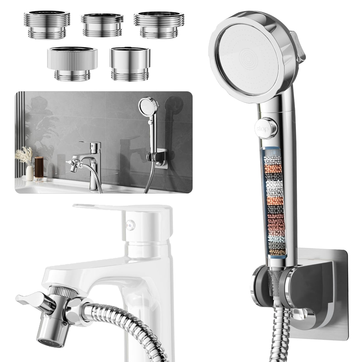 Sink Hose Sprayer Attachment for Faucet, 5 Adapters, Chrome