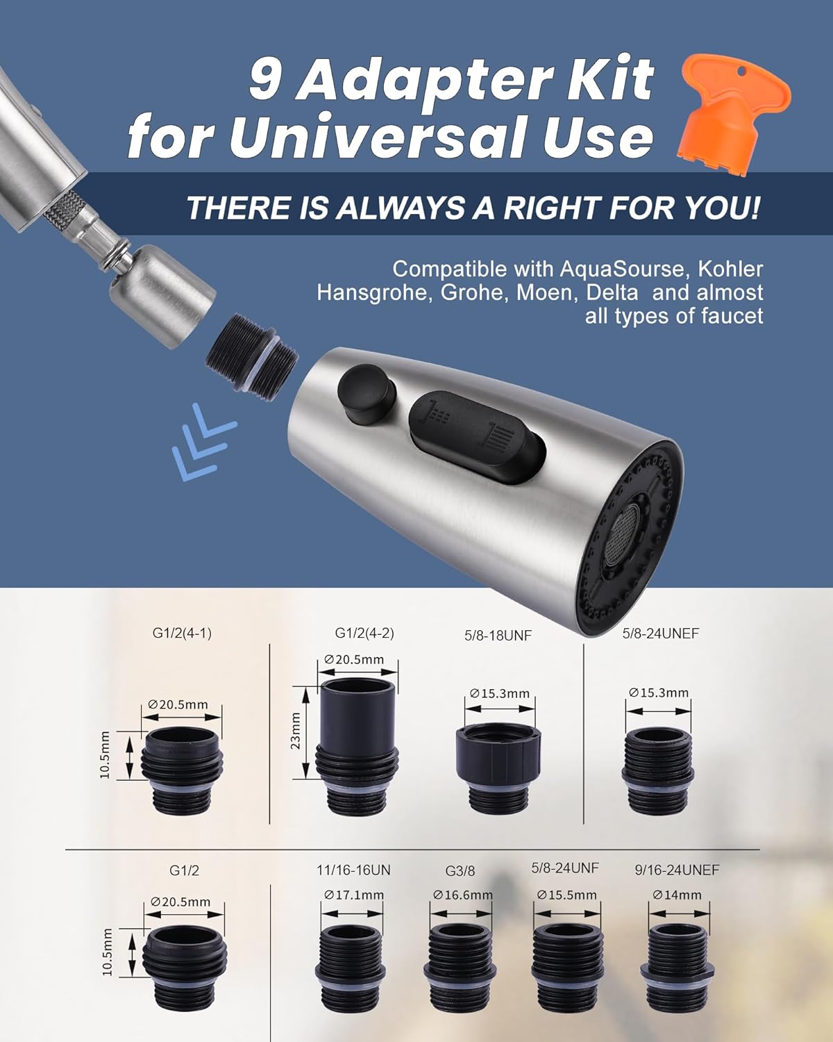 Kitchen Faucet Head Replacement:Stainless Steel Spray Head,3 Modes Pull Out Spray Nozzle with 9 Adapters for Kitchen Sink Faucet,Compatible with Moen Kohler Delta Kitchen Faucets G1/2,Brushed Nickel