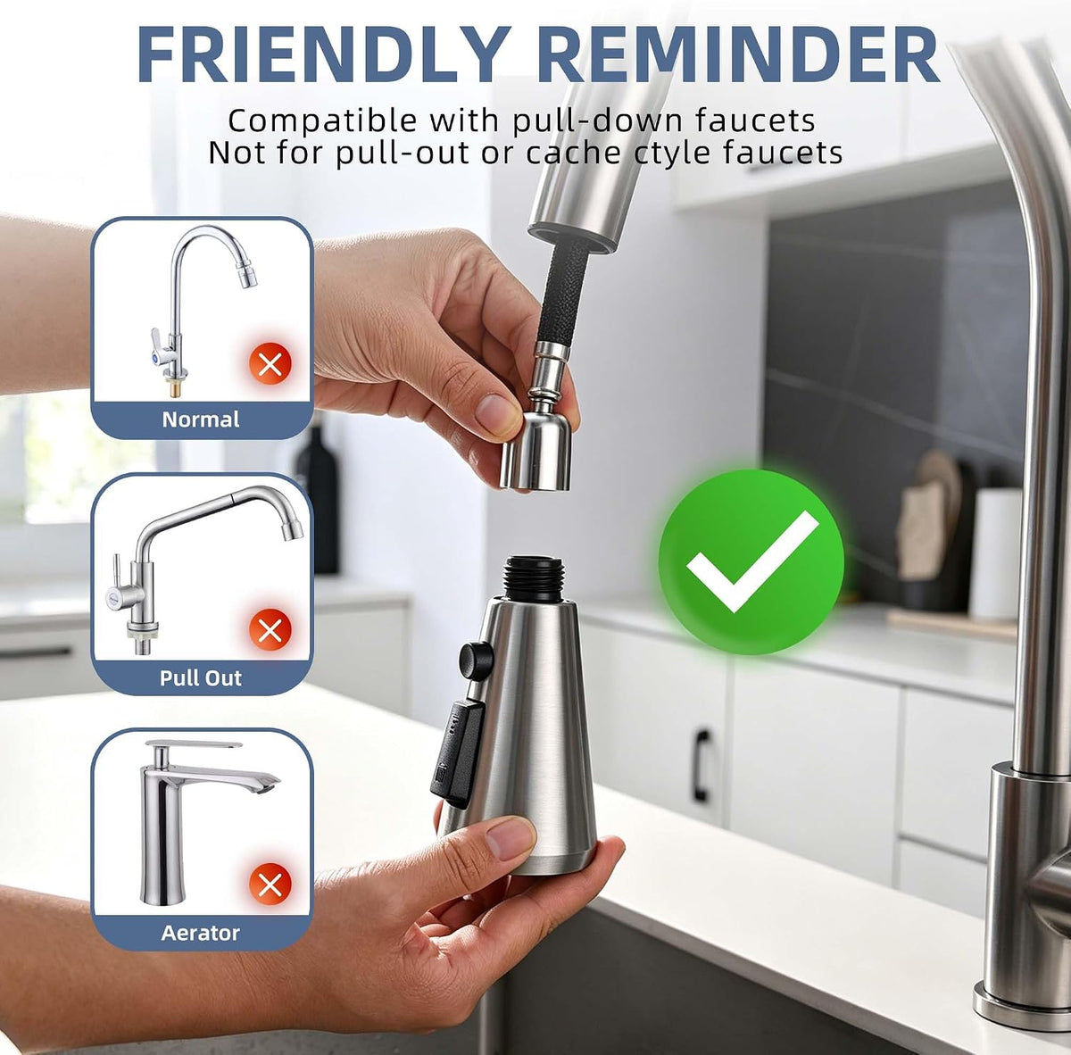 Stainless Steel Kitchen Faucet Head Replacement, 3 Function Pull Down Spray Head for Kitchen Faucet, Brushed Nickel Kitchen Sink Faucet Head with 14 Adapters Compatible with American Standard