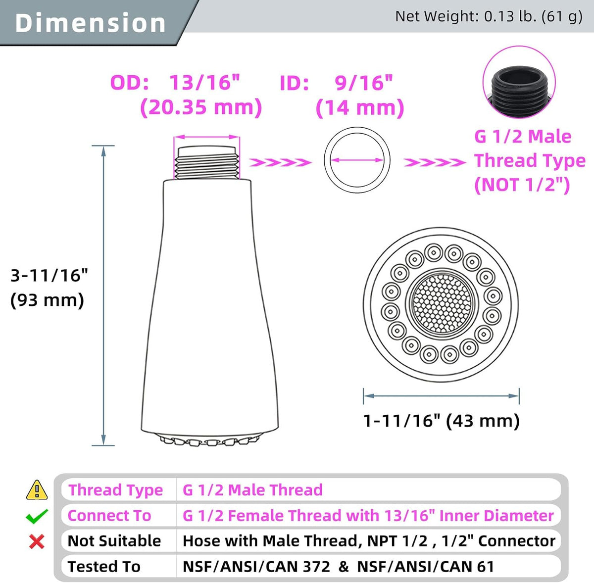 Angle Simple Kitchen Faucet Head Replacement G 1/2, 3 Modes, Brushed Nickel