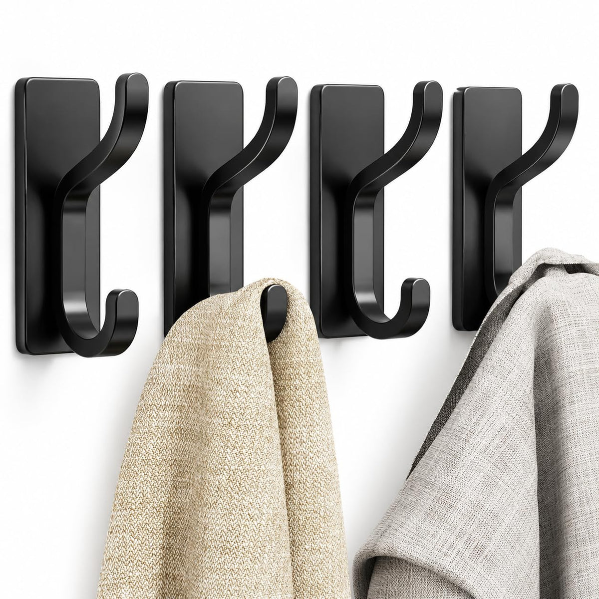 Adhesive Wall Hooks for Towel/Coat,13Lb Strong Stick-On Hooks, White 4 Pack