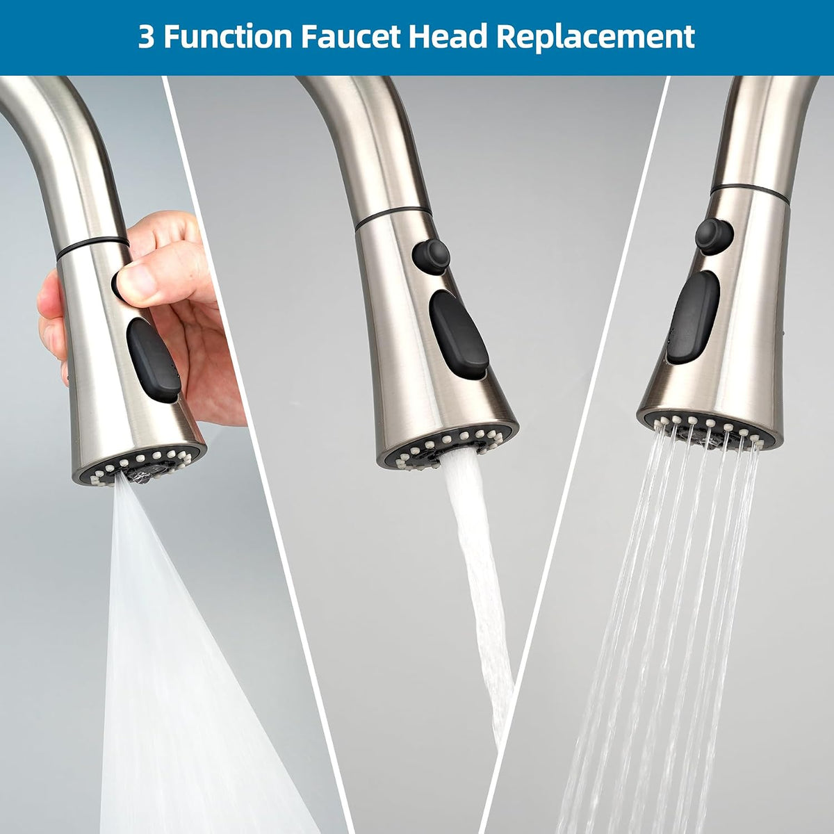 Universal Kitchen Faucet Head, 3 Modes, 15 Adapters Kit, Brushed Nickel