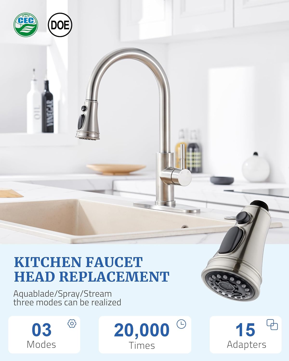 Kitchen Faucet Spray Head Replacement with 15 Adapters, Brushed Nickel