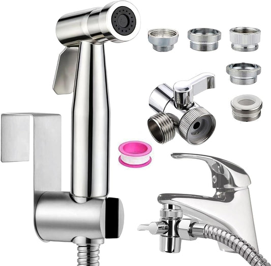Bidet Stainless Steel Hand Shower Set, Bathroom Bidet Attachment with Faucet Dispenser, 59 inches Hose and Hand Shower Holder
