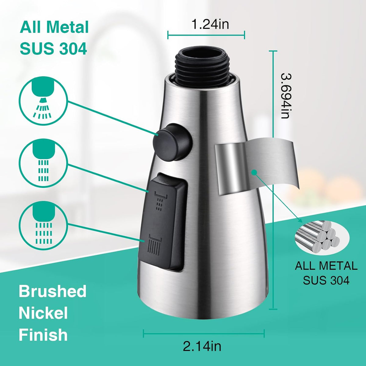 Metal Kitchen Faucet Head Replacement, 3-Function Pull Down Spray Head for Kitchen Faucet, High Pressure Sink Spray Nozzle with 9 Adapters Compatible with American Standard, Brushed Nickel