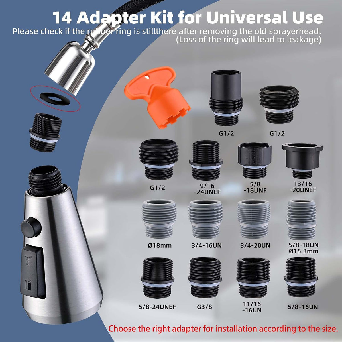 Stainless Steel Kitchen Faucet Head Replacement, 3 Function Pull Down Spray Head for Kitchen Faucet, Brushed Nickel Kitchen Sink Faucet Head with 14 Adapters Compatible with American Standard