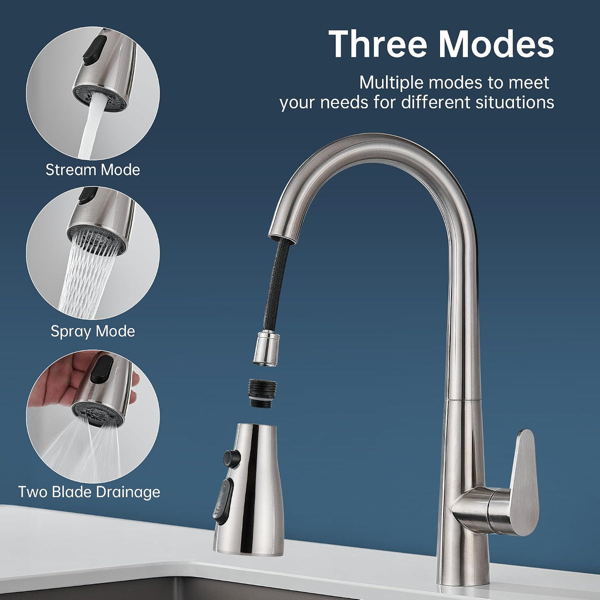 Kitchen Faucet Head Replacement,3 Modes Faucet Spray Head With 11 Adapters, Pull-Down Sprayer Sink Nozzle Compatible With Moen, American Standard, Delta, Kohler Faucets, Brushed Nickel,Rust Proof