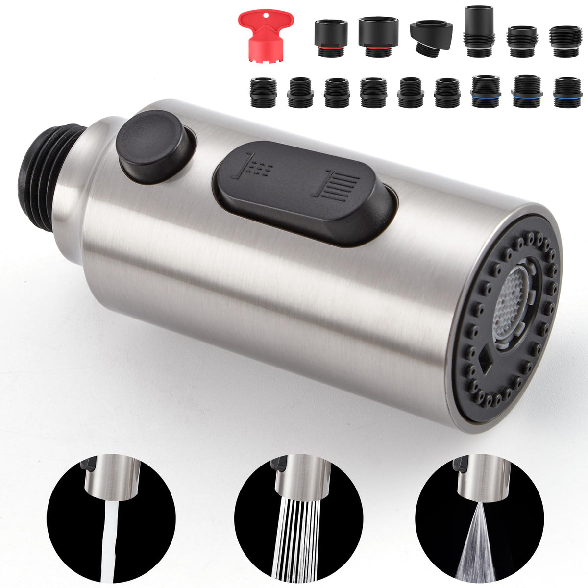 Kitchen Faucet Spray Head Replacement, Pull Down Faucet Head Replacement with 15 Adapters, 3 Function Spray Nozzle for Kitchen Faucet, Replacement Pull Out Faucet Head, Brushed Nickel
