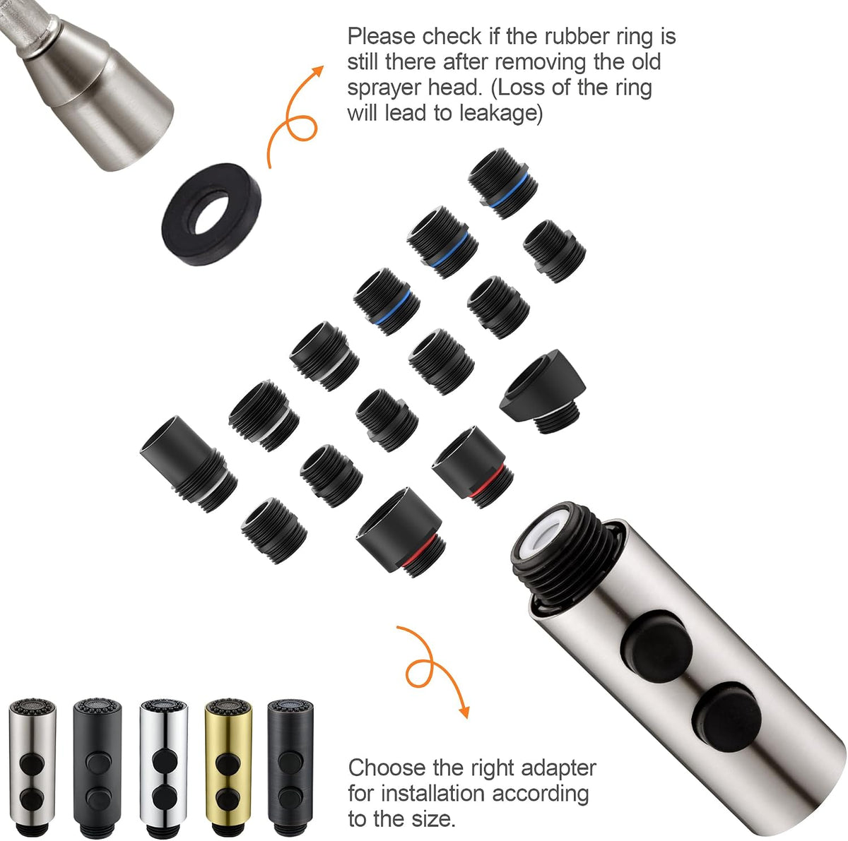 TIORIY Metal Kitchen Faucet Head Replacement, Pull Down Spray Head with 15 Adapters, 2 Function Kitchen Sink Spray Nozzle, Stainless Steel, Brushed Nickel